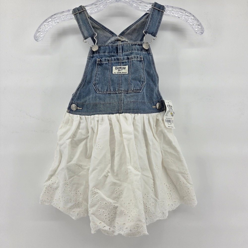 OshKosh B'gosh Girls Denim Ruffle Eyelet Sundress Overalls Dress 4T‎ New
